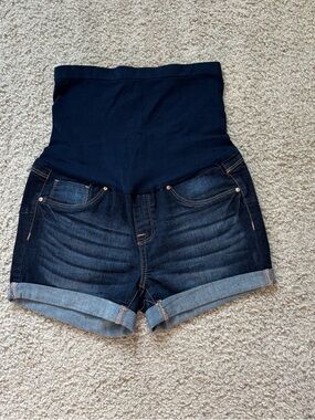 High-Waist Maternity Denim Shorts with Navy Support Panel